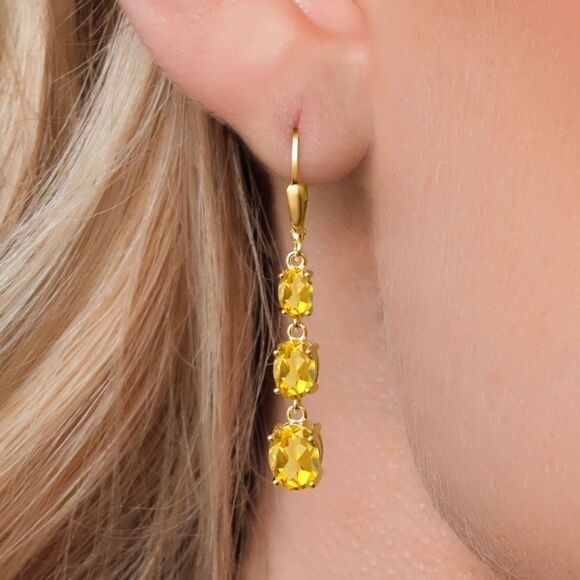 18K Yellow Gold with 4.95 Cttw 3 Stone Citrine Dangling Leverback Drop Earrings - Picture 2 of 5